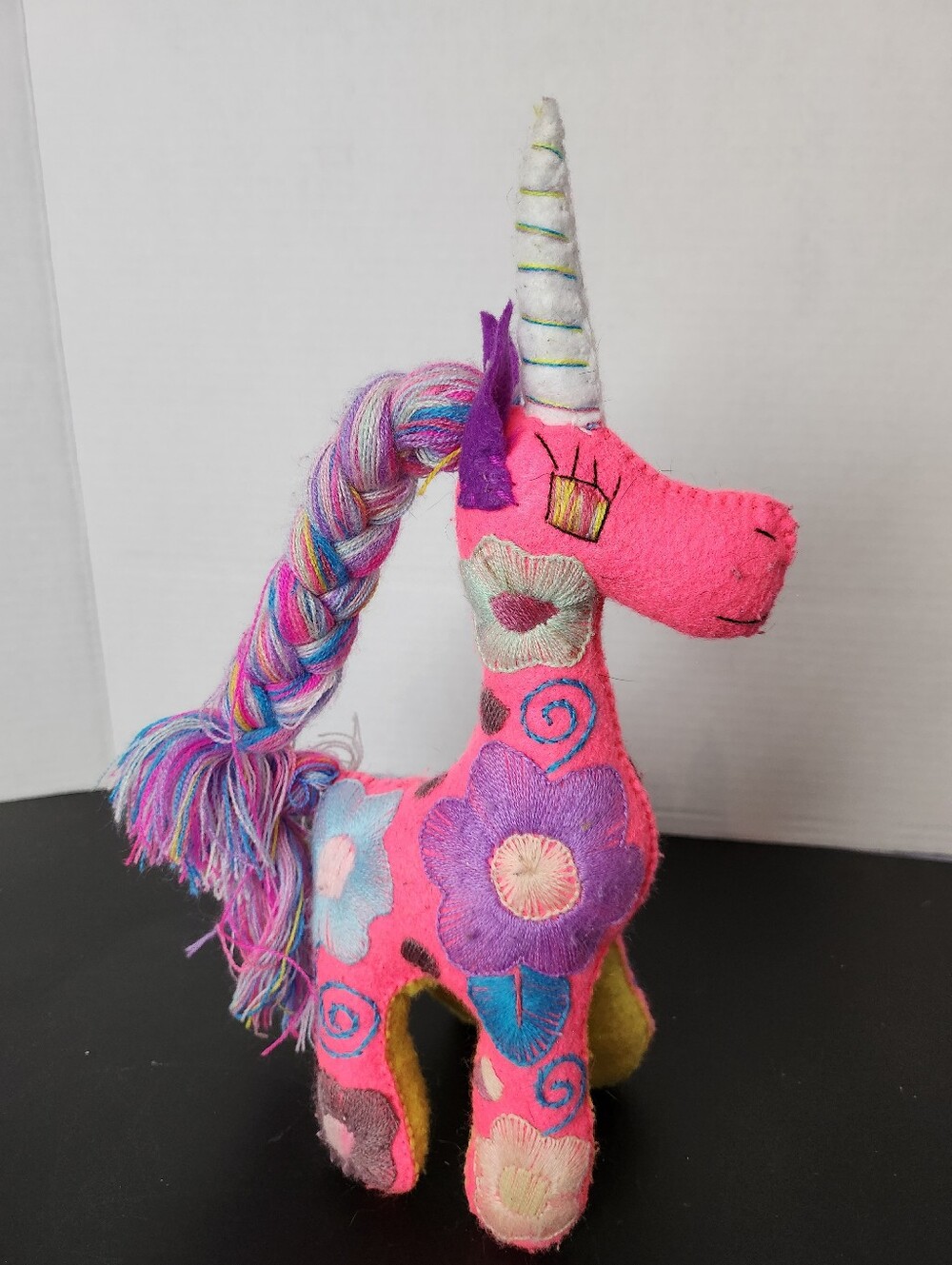 Handmade Embroidered Felt Unicorn | Pink Floral Folk Art ~12"